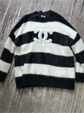Chanel LIKE Black & White Striped Fuzzy Crewneck Sweater